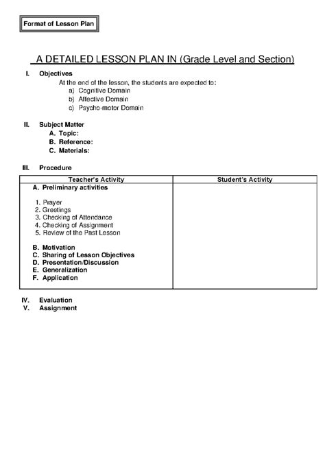 Image result for Lesson Plan Format with Example