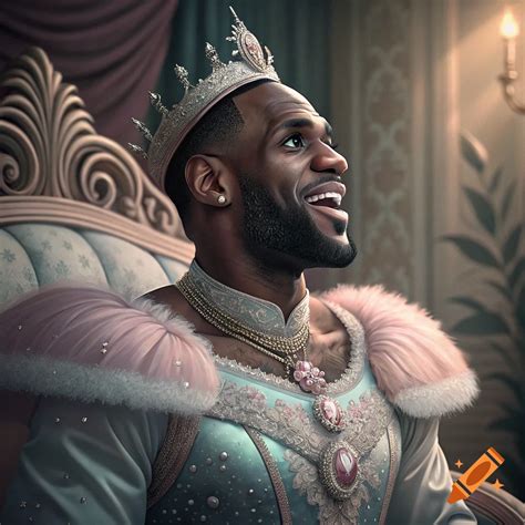 Portrait of LeBron James wearing a princess dress and crown on Craiyon