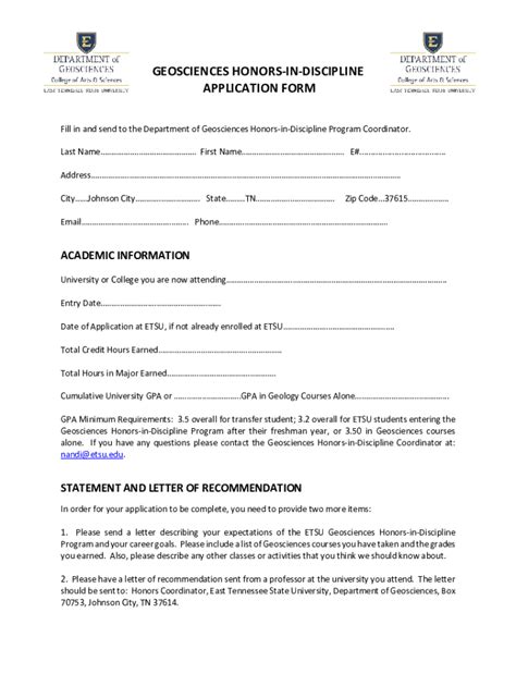 Fillable Online GEOSCIENCES HONORS-IN-DISCIPLINE APPLICATION FORM Fax ...