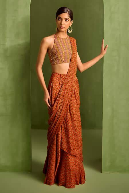 Buy Orange Crepe, Viscose Geometric Printed Pre-draped Saree With ...
