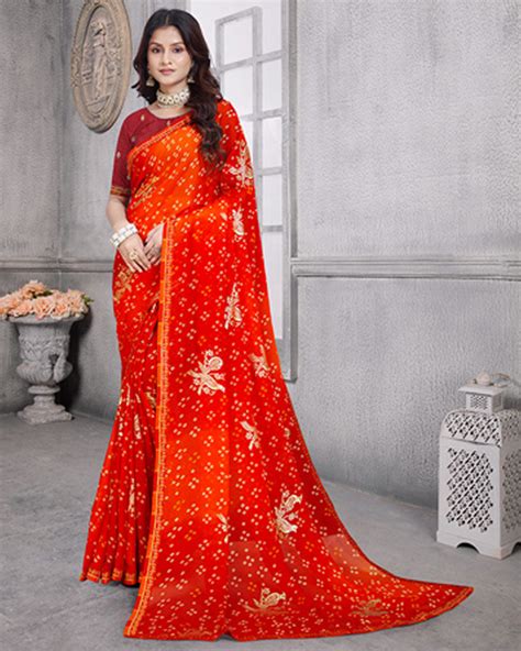 Vishal Prints Red Bandhani Print Chiffon Saree With Foil Print And Fan