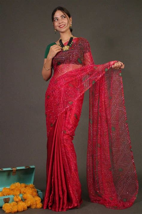 Pink Bandhani Chiffon with Sequins all over Half and half Wrap in 1 mi