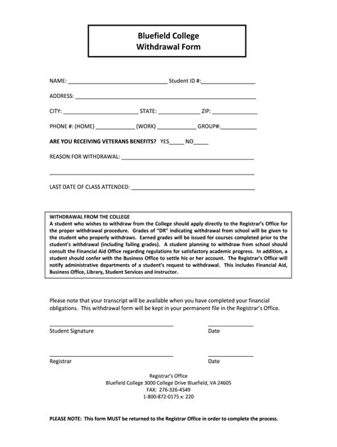 Bluefield College Withdrawal Form - Blank Fillable Template | Fill Out ...