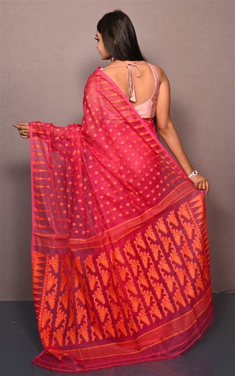 Soft Woven Jamdani Saree in Hot Pink and Orange – Bengal Looms India