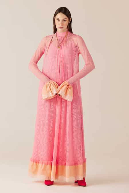 Buy Pink Viscose Lace Embroidered Floral High Collar Maxi Dress For ...