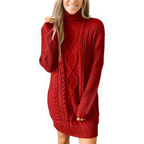 XMMSWDLA Women'S Crewneck Long Sleeve Cable Knit Sweater Dress Slouchy ...