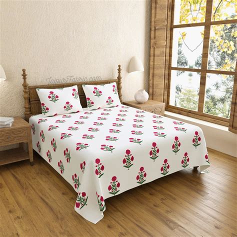 Ocean Enclave Handblock Red Flowers and Green Leaves King Size Bedshee ...