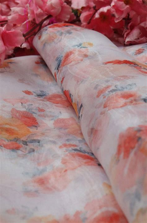 Off White Digital Printed Organza Silk Floral Design Fabric ( 1 Mtr ...
