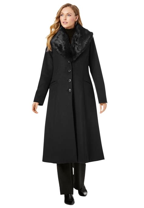 Jessica London Women's Plus Size Long Wool-Blend Coat With Faux Fur ...