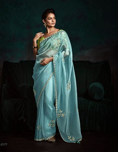 Blue Color Organza Readymade/Easy Saree With Fancy Blouse Piece ...