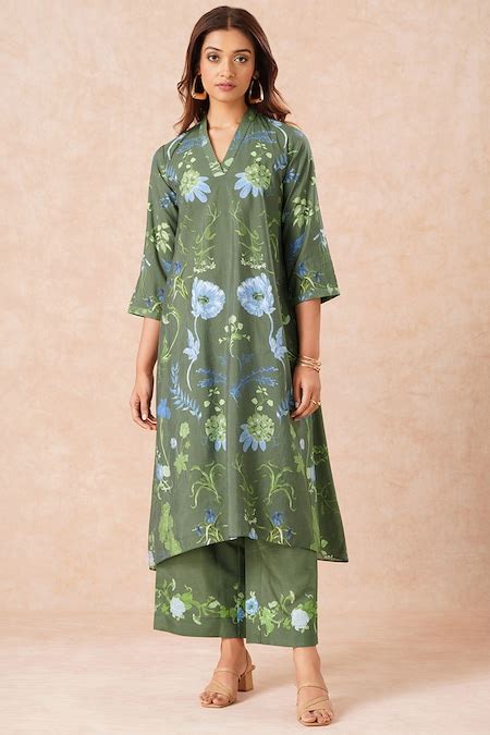 Dark Green Floral Print Flared High-Low Kurta - Selling Fast at ...