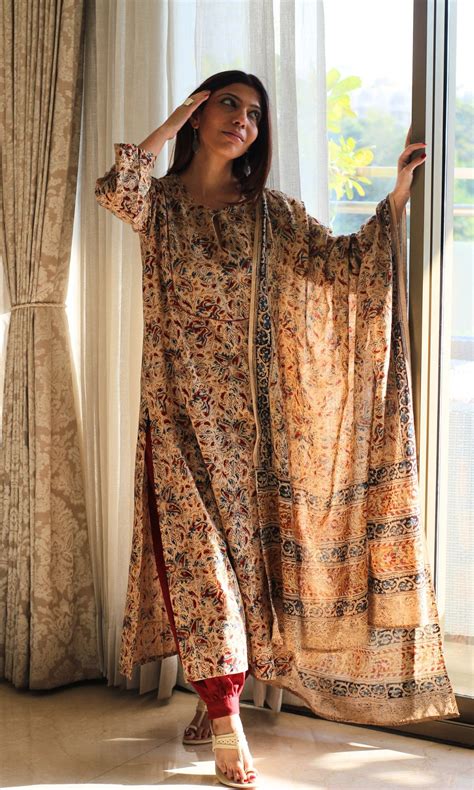 Cotton Beige Loose Fit Kalamkari Kurta , Afghani Salwar & Cotton Kalam ...