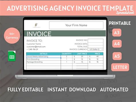 Buy Editable Advertising Agency Invoice With Formulas Print Ready ...