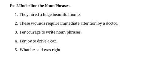 x: 2 Underline the Noun Phrases.1.They hired a huge beautiful home.2 ...