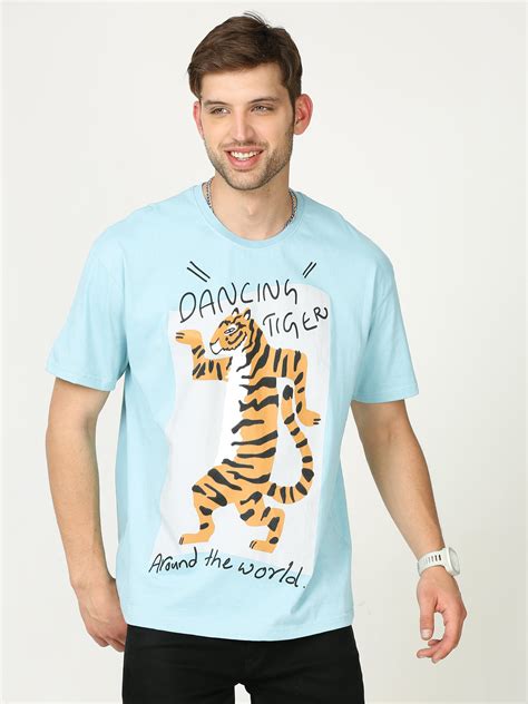 Light Blue dancing tiger Printed Oversized T-shirt – Albatross Clothing