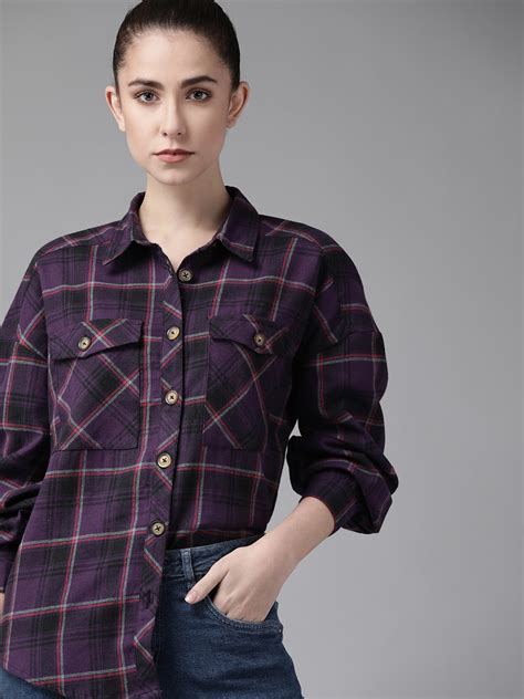 Buy Roadster Women Purple Pure Cotton Checked Casual Flannel Shirt ...