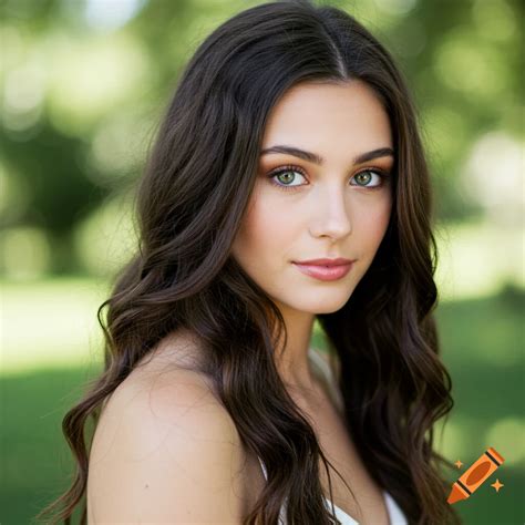 Close-up portrait of a woman with dark hair and green eyes against a ...