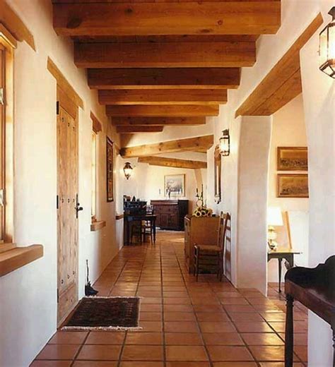 Hallway With Saltillo Tiles And Exposed Beams : Amazing Wooden Ceiling ...