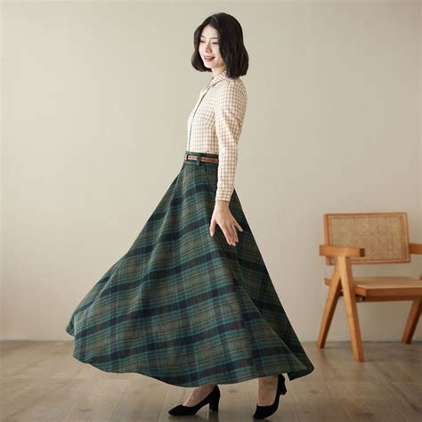 Green Maxi Wool Plaid Skirt, Long Wool Skirt With Pockets, Tartan Skirt ...