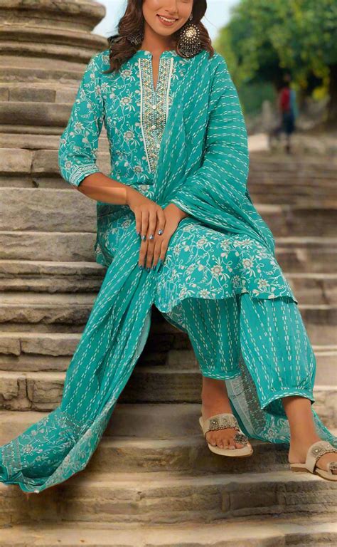 Turquoise Blue Garden Jaipur Cotton Kurti With Pathani Pant And Cotton ...