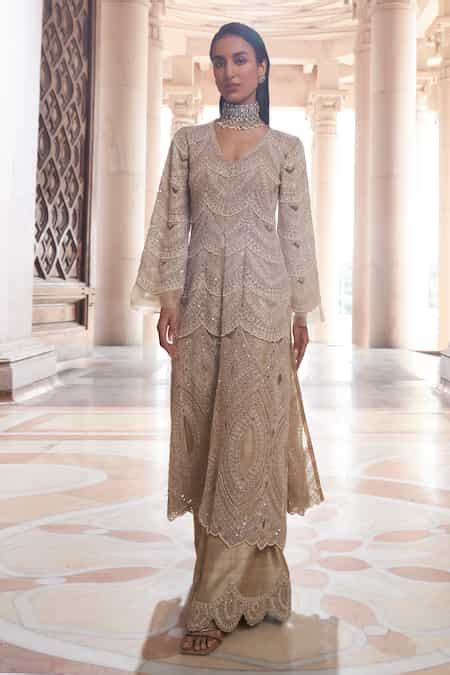 Buy Beige Crepe, Organza Cut Work, Zaina Scallop Embellished Kurta And ...