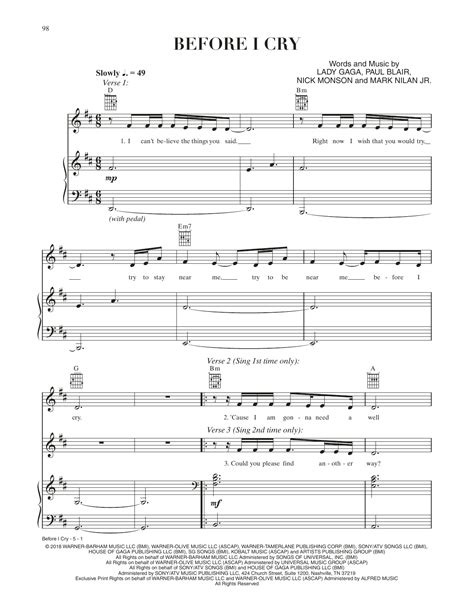 Before I Cry (from A Star Is Born) by Lady Gaga Sheet Music for Piano ...