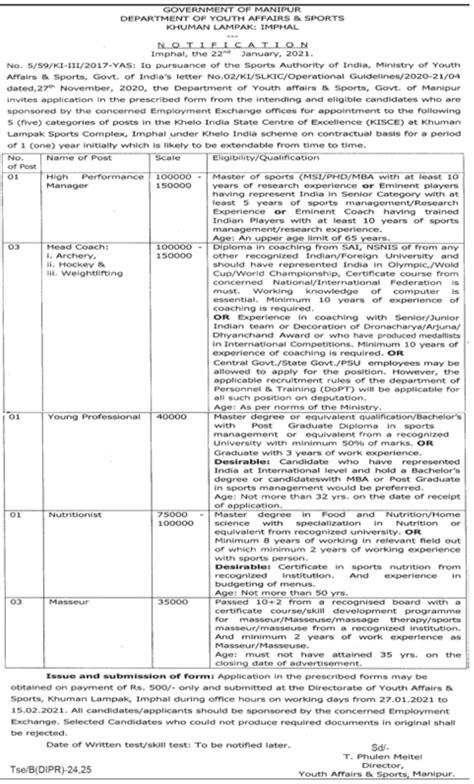 YAS Manipur Recruitment 2021. 09 Vacancy Manager, Head Coast, Masseur ...