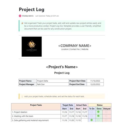 Image result for Project Log Example