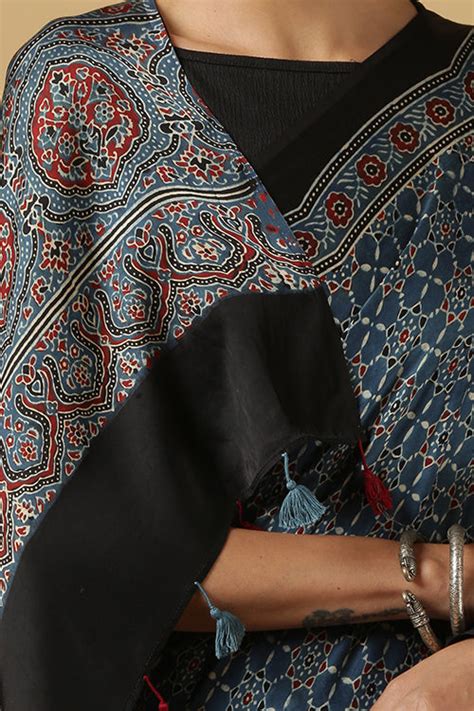 Jahangir Khatri Indigo Printed Modal Silk Ajrakh Saree With Tassels ...