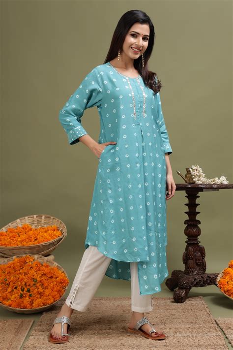 Buy Bandhani High Low Turquoise Kurta from Mayori.in – Mayori Conscious ...