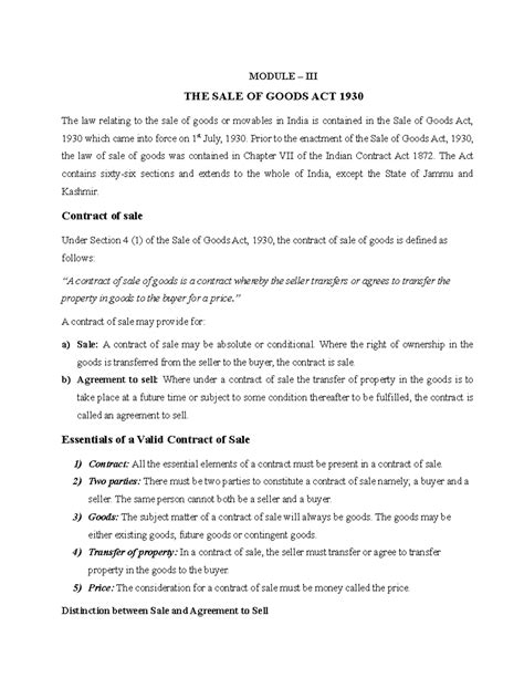 Module 3 - Its lecture notes - MODULE – III THE SALE OF GOODS ACT 1930 ...