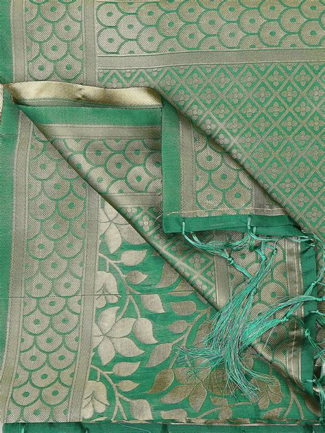 Green Banarasi Silk Dupatta with Floral Weaving – Dupatta Bazaar
