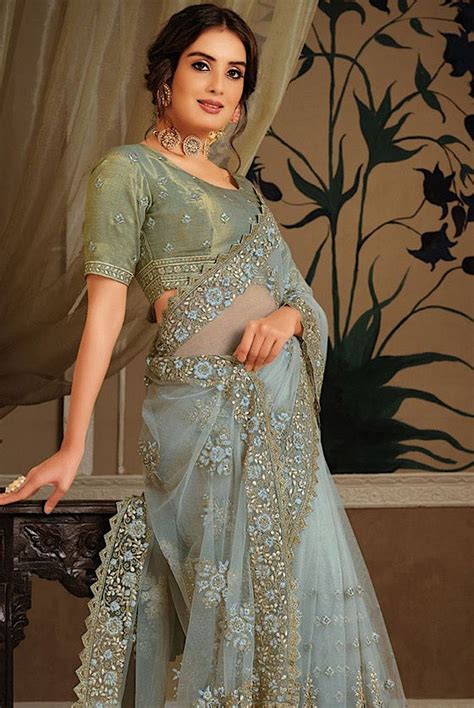 Slate Grey Designer Net Saree With Zari , Resham & Swarvoski Work – MOR ...