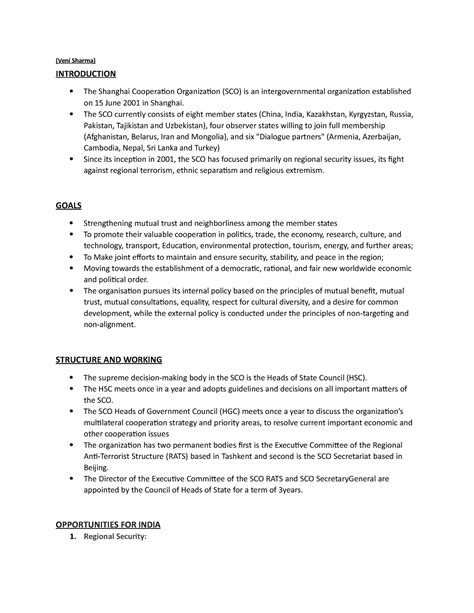 India and SCO - (Veni Sharma) INTRODUCTION The Shanghai Cooperation ...