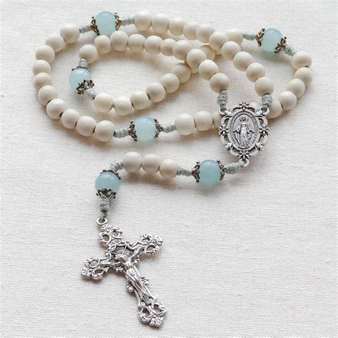 Catholic Rosary Beads Miraculous Medal White Wood, Aqua Quartz, Silver ...
