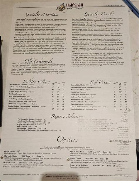 Menu at Half Shell Oyster House restaurant, Gulfport