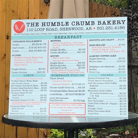 Menu at The Humble Crumb cafe, Sherwood