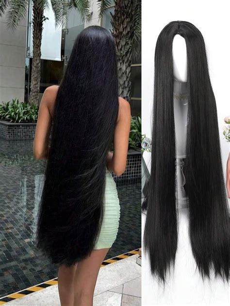 1B Color 40 Inch Versatile Center Split Ultra Long Straight Hair Wig ...