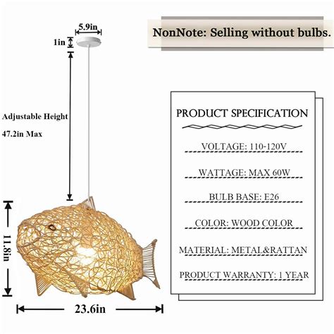 SkyTalent Fish-Shaped Lantern Pendant Lighting Rattan Light, 24inch ...