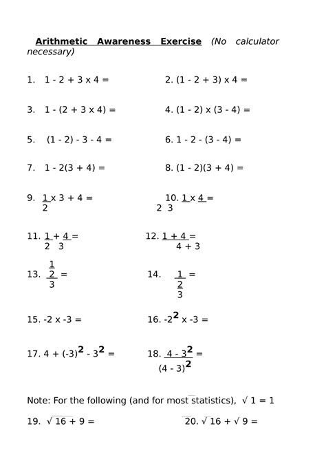 Arithmetic Awareness Exercise - (1 - 2 + 3) x 4 = 1 - (2 + 3 x 4) = 4 ...