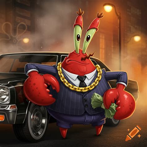 Mr. Krabs dressed as a gangster in a pinstripe suit, holding money ...