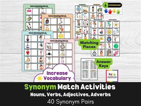 Set of 4 interactive synonym matching activity sheets 10 synonym pairs ...