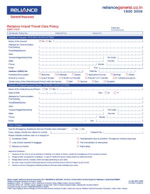 Fillable Online Reliance Inland Travel Main Claim Form - Reliance ...