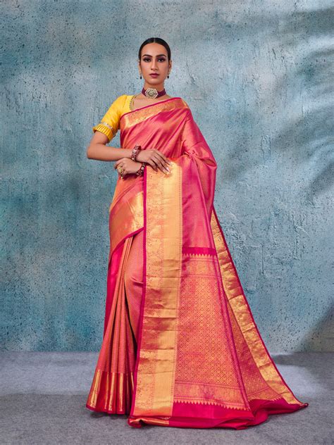 Peach Brocade Pure Silk Banarasi Saree – Tirumala Designers
