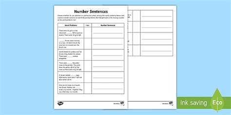 Create Addition and Subtraction Number Sentences Worksheet