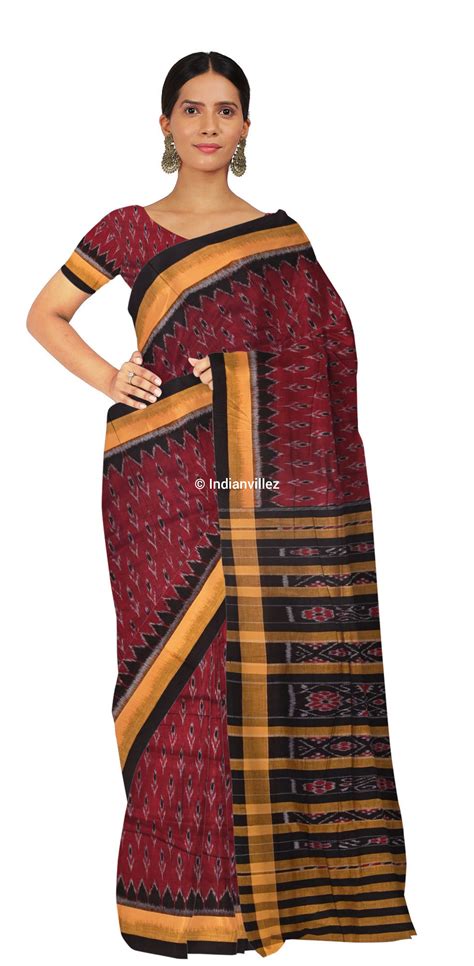 Maroon with Yellow Border Odisha Handloom Cotton Ikat Saree – IndianVillèz