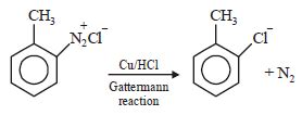 In Gattermann reaction, a diazonium group is replaced by underlineX ...