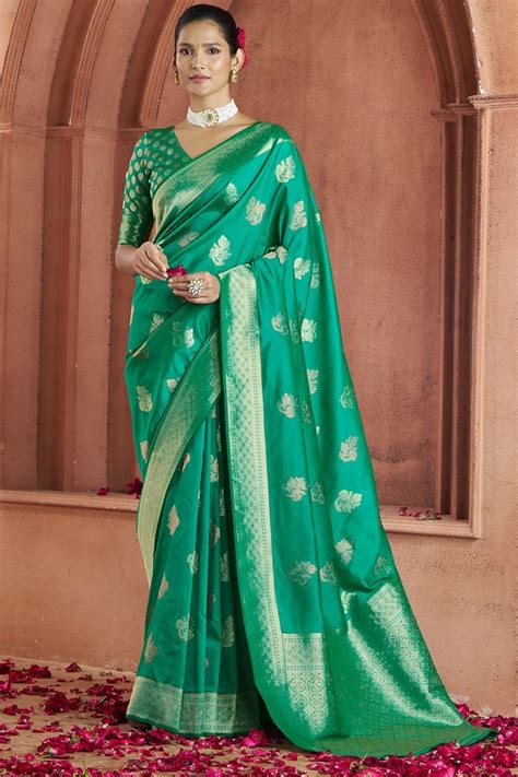 Buy Forest Green Woven Banarasi Saree Online - MySilkLove