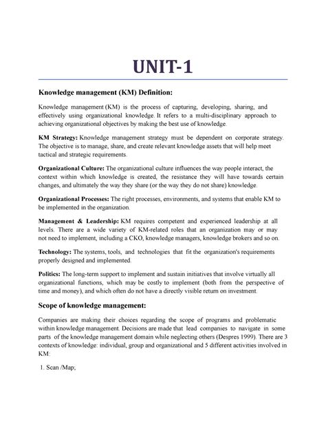 Knowledge Management UNIT- 1 notes - UNIT- Knowledge management (KM ...