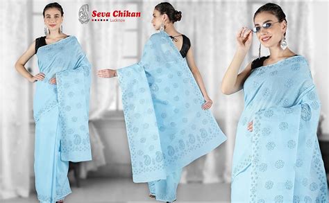 Buy Seva Chikan Hand Embroidered Lucknowi Chikankari Blue Cotton Saree ...